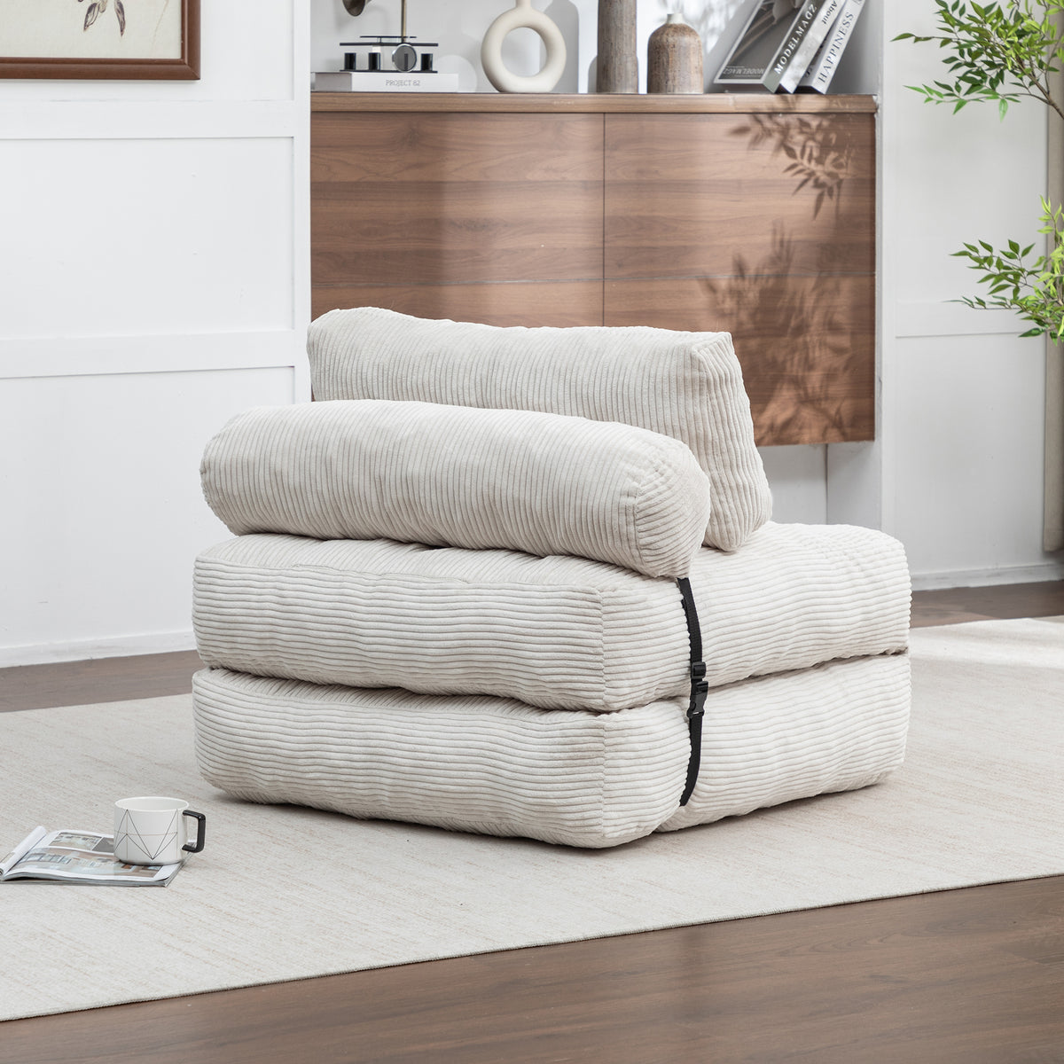 Design feature view of Sofa Bed Folding Sleeper with Headrest & Lumbar Pillow Beige Corduroy