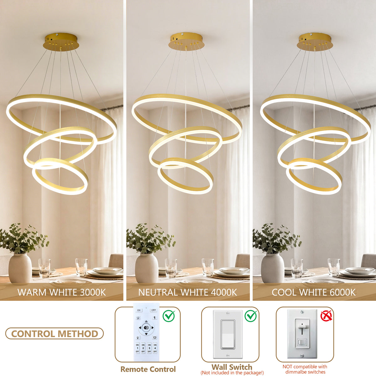 Additional product detail of Chandelier 3-Ring Dimmable LED Gold Acrylic & Aluminum