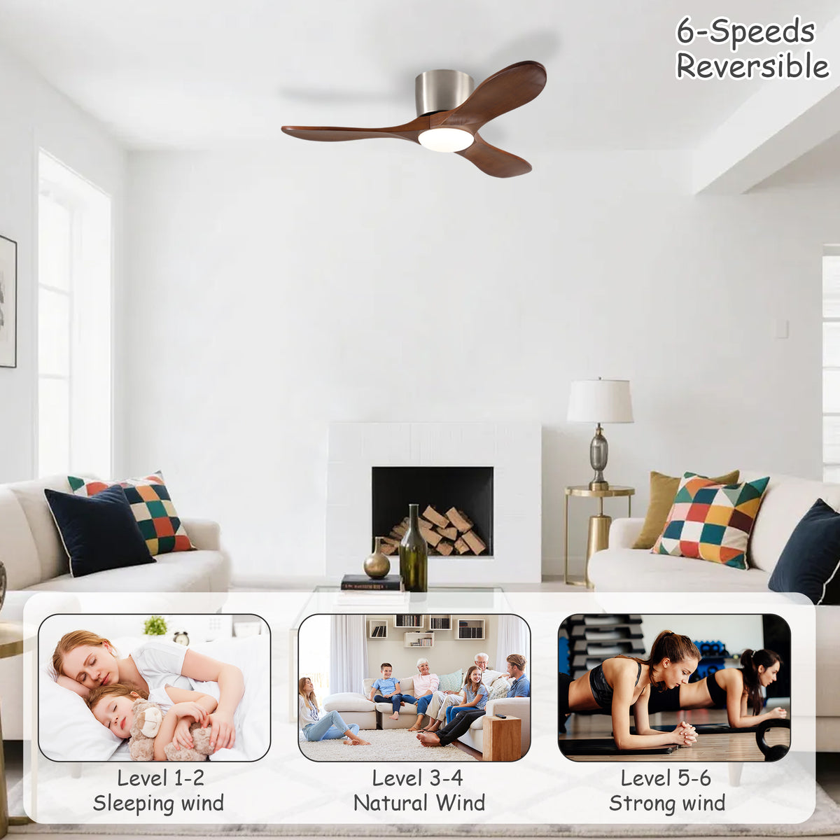 Close-up detail of Ceiling Fan Remote Control & LED Light Walnut Wood & Metal