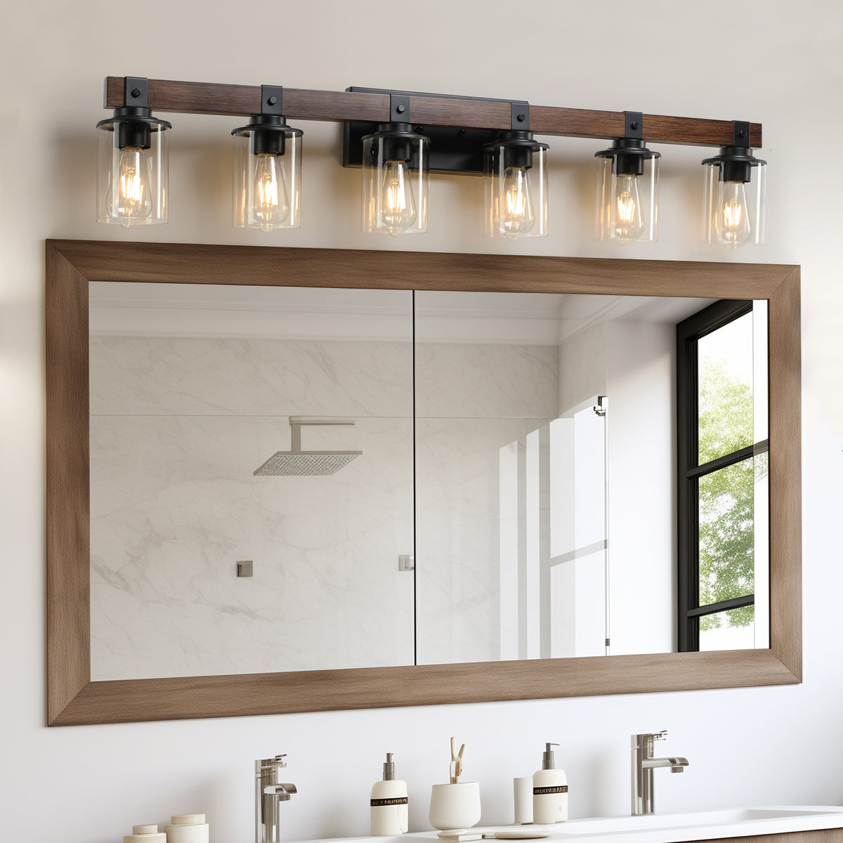 Construction and detail view of Vanity Light Industrial 6-Light Glass Shades Walnut Glass