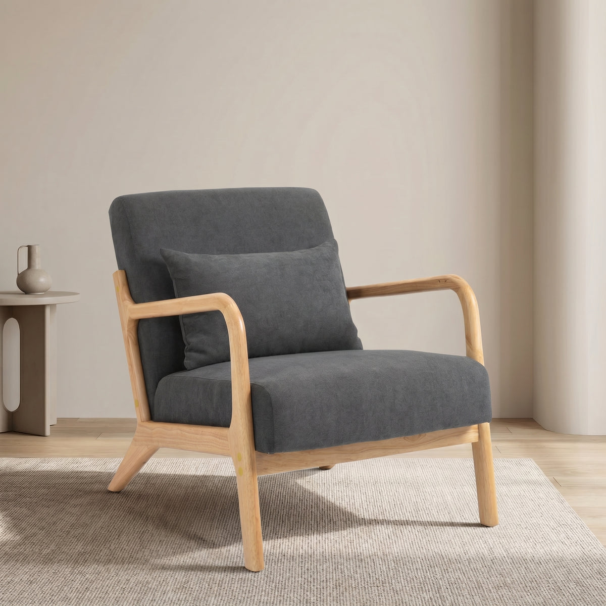 Accent Chair Waist Cushion Antique Gray Wood in a modern living room