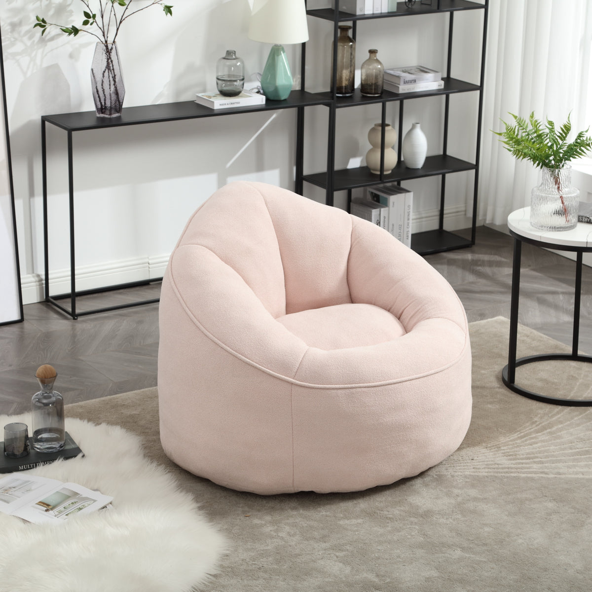 Construction and detail view of Bean Bag Chair Footstool Included Pink Microfiber