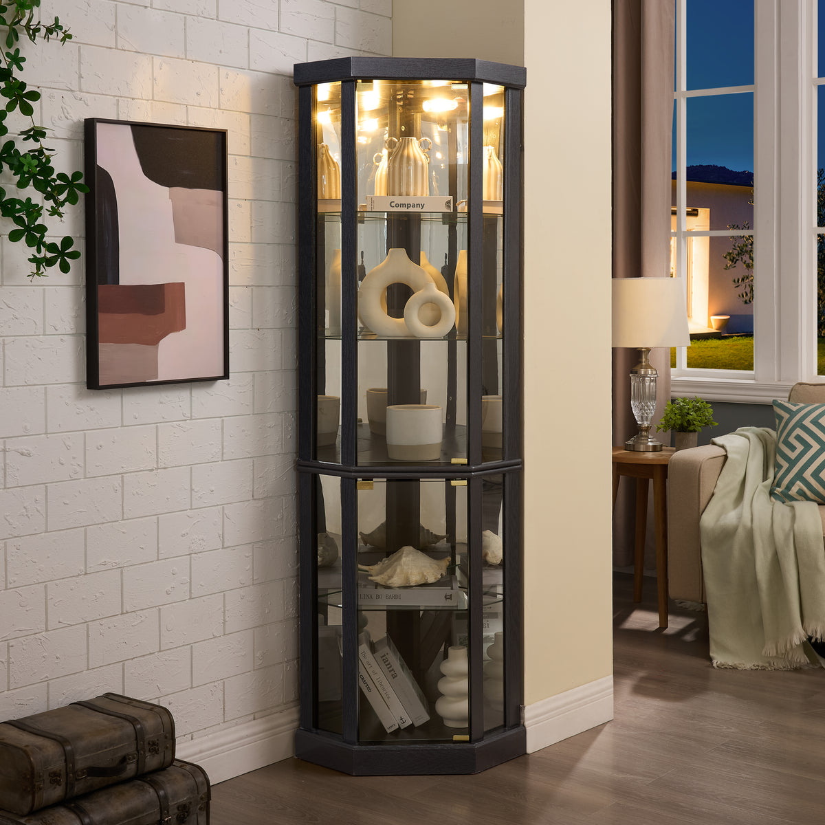 Construction and detail view of Display Cabinet LED Display Storage Black Glass