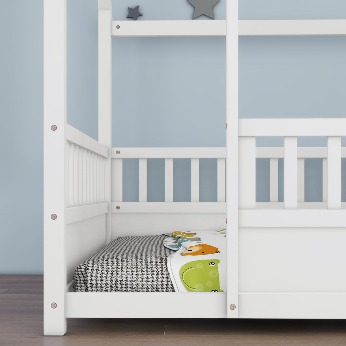Alternate angle of Bed Frame Modern House Roof & Guardrails White Wood Full Size