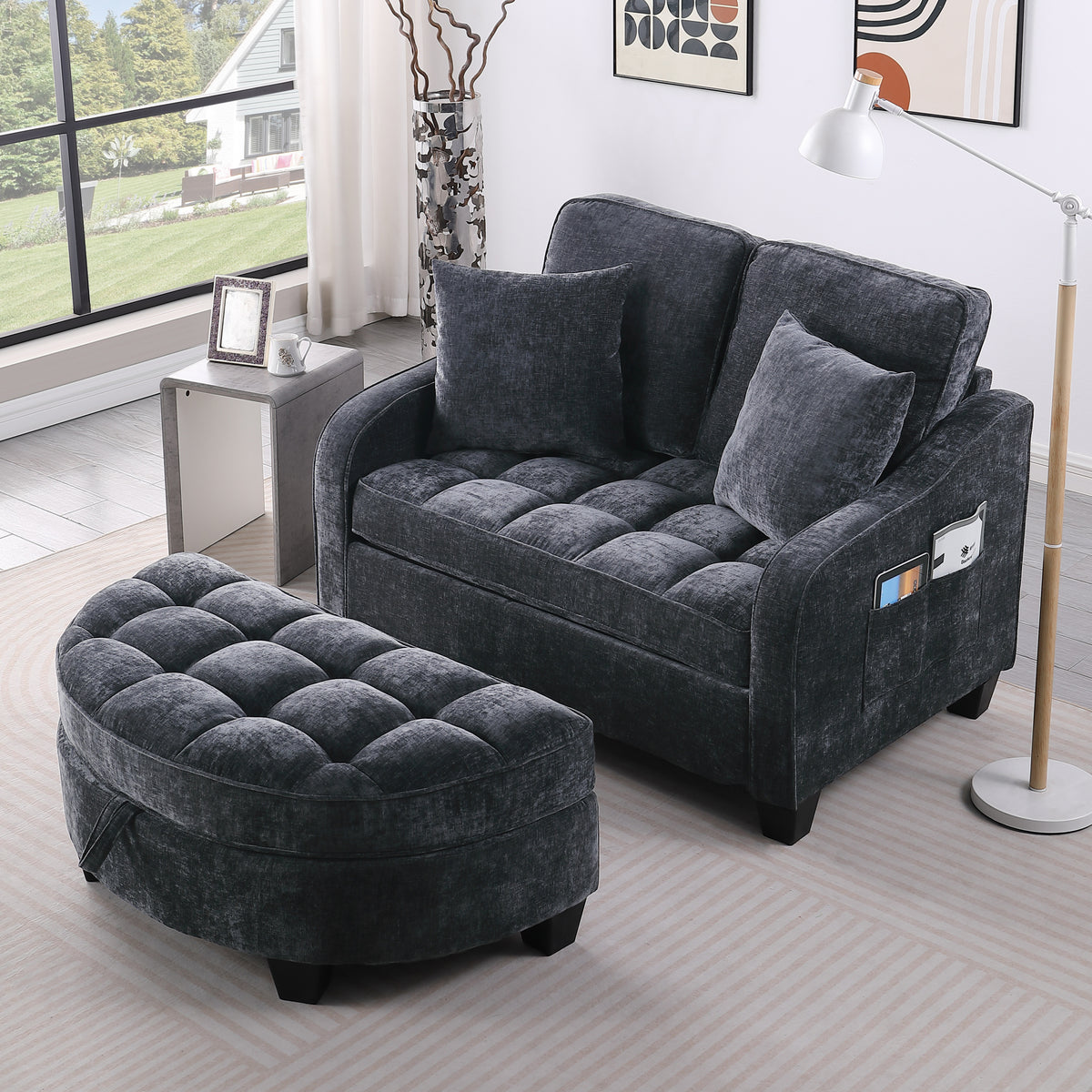 Alternate angle of Loveseat Sofa Cushioned Seating Black Corduroy 2-Seater