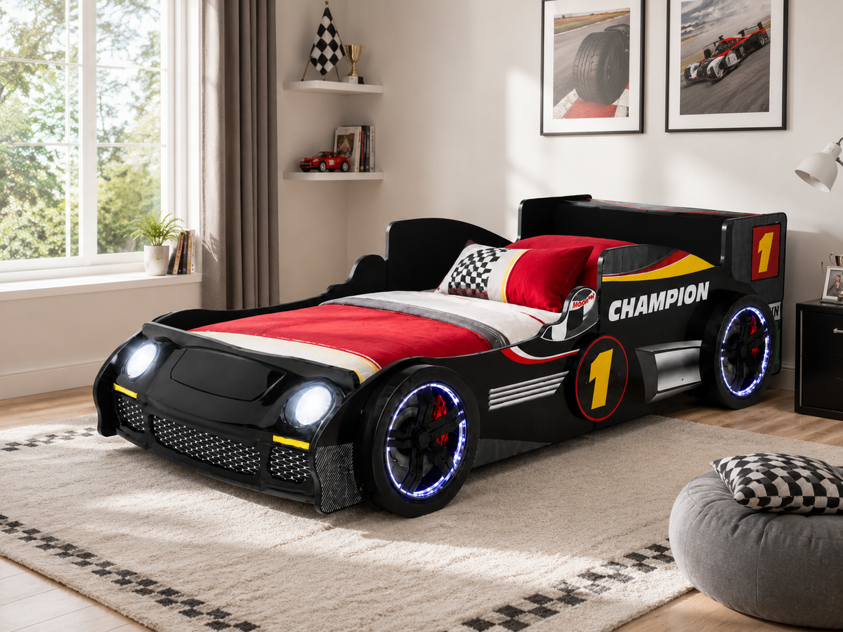 Alternate angle of Bed Frame LED Race Car Design Black Particle Board Twin Size