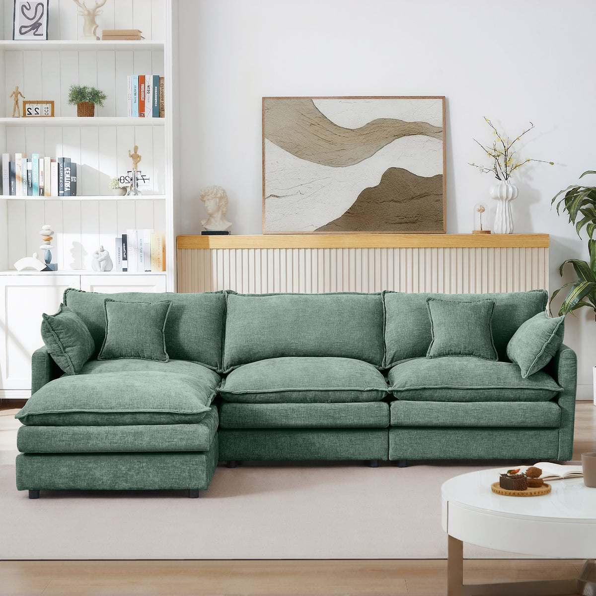 Full product view of Sectional Sofa Modular with Ottoman Green Chenille