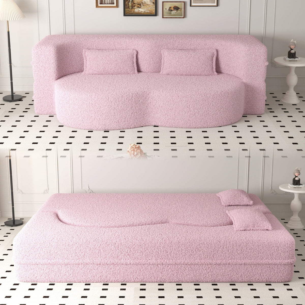 Sofa Bed 3-Tier Folding Sleeper Pink Sherpa Fleece Full Size in a modern living room