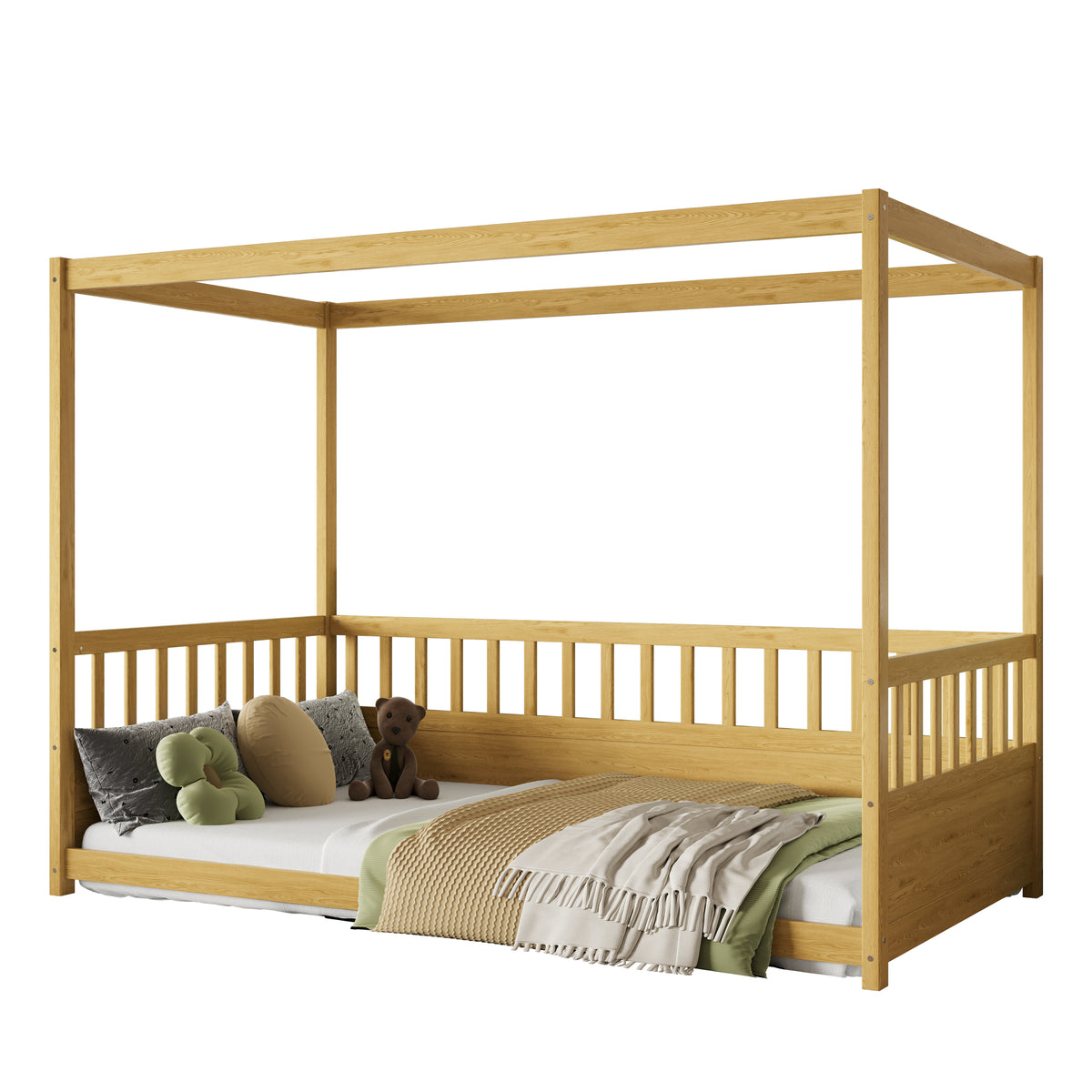 Construction and detail view of Canopy Bed Modern Guardrails Natural Wood Pine Twin Size