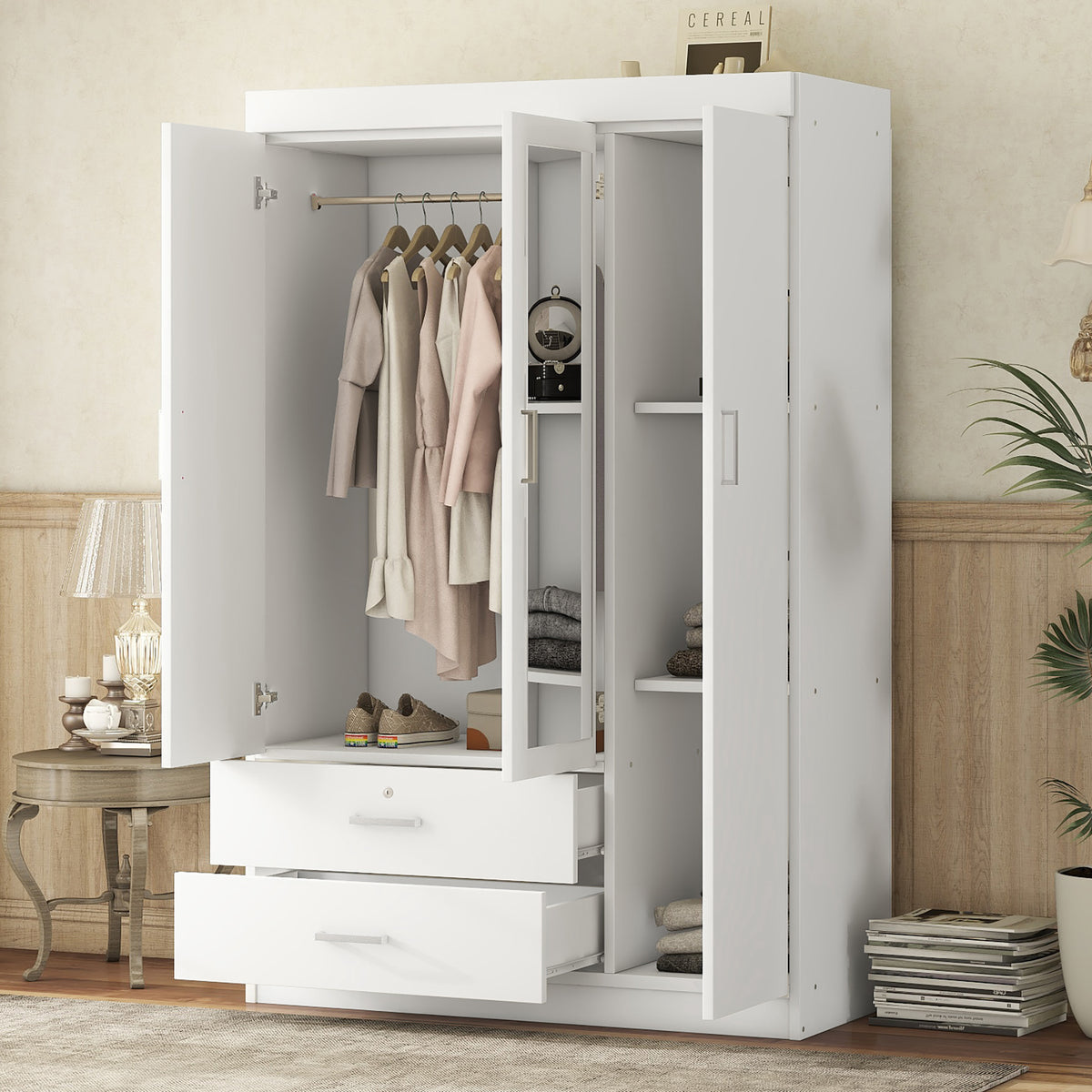 Mirrored Wardrobe 3-Door Mirrored Storage White Plywood in a modern home interior