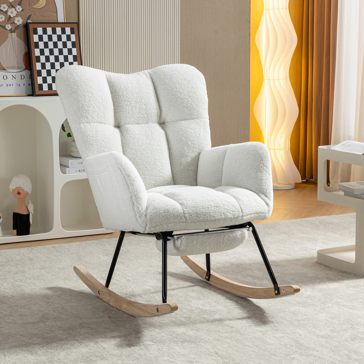 Rocking Chair Adjustable Footstool Ivory Teddy Fabric in a modern living room