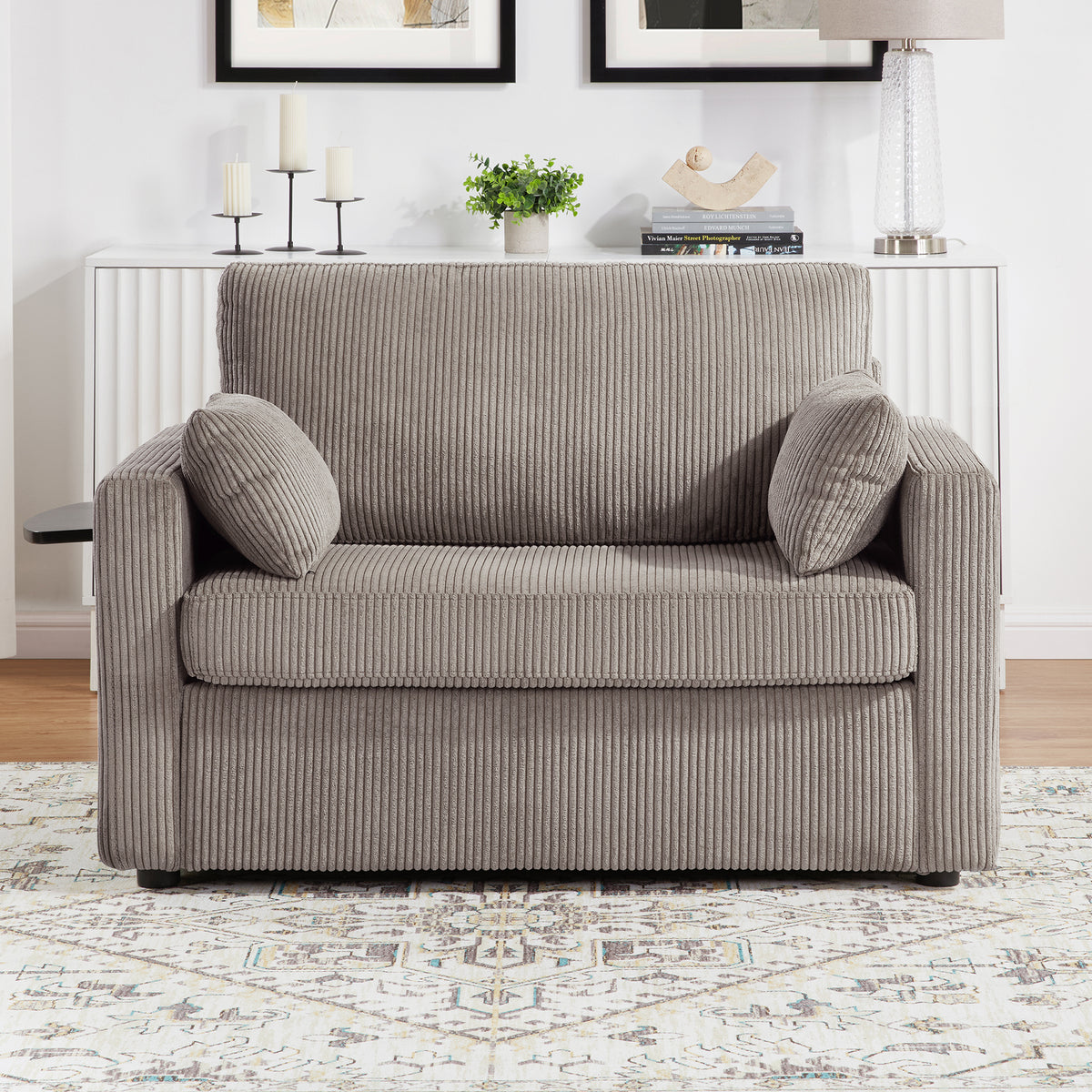 Design feature view of Sofa Bed Twin Sleeper with USB Ports & Side Table Gray & Brown Corduroy