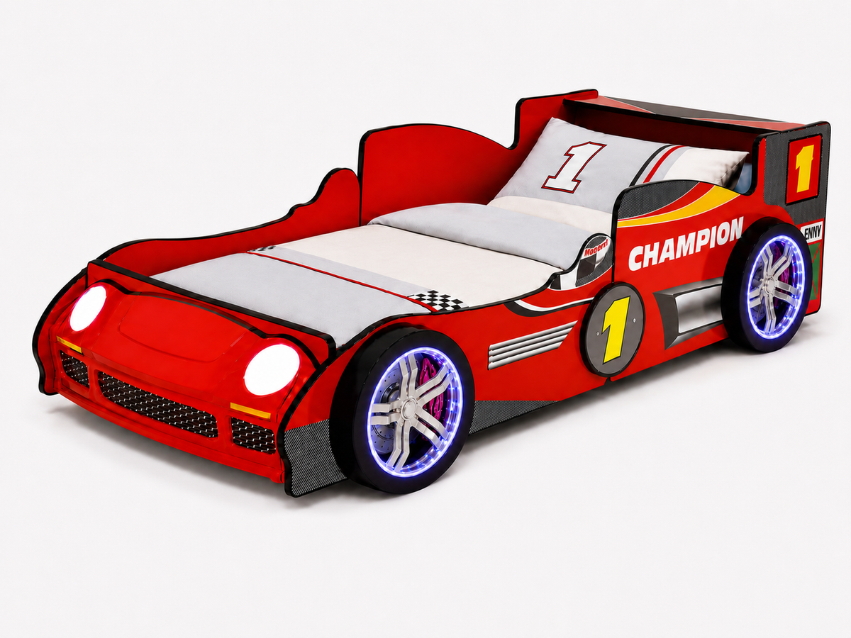 Full product view of Bed Frame LED Race Car Design Red Particle Board Twin Size