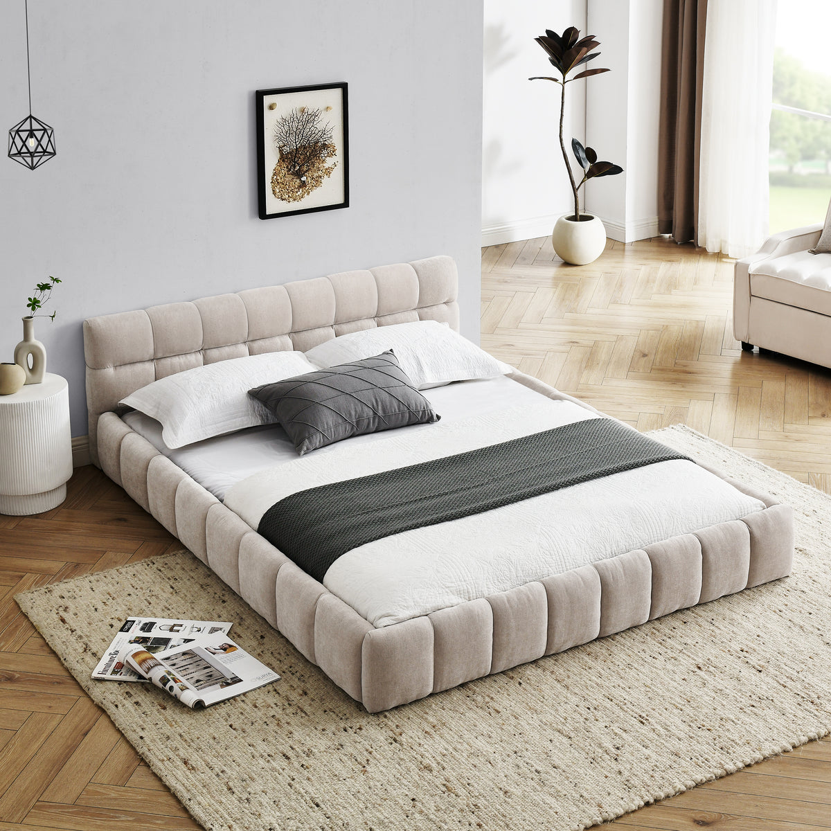 Bed Frame Modern Supportive Frame Beige Chenille Queen Size in a modern bedroom