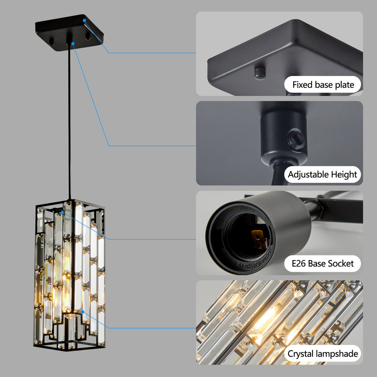 Construction and detail view of Pendant Light 3-Pack Crystal Set Black Crystal & Metal