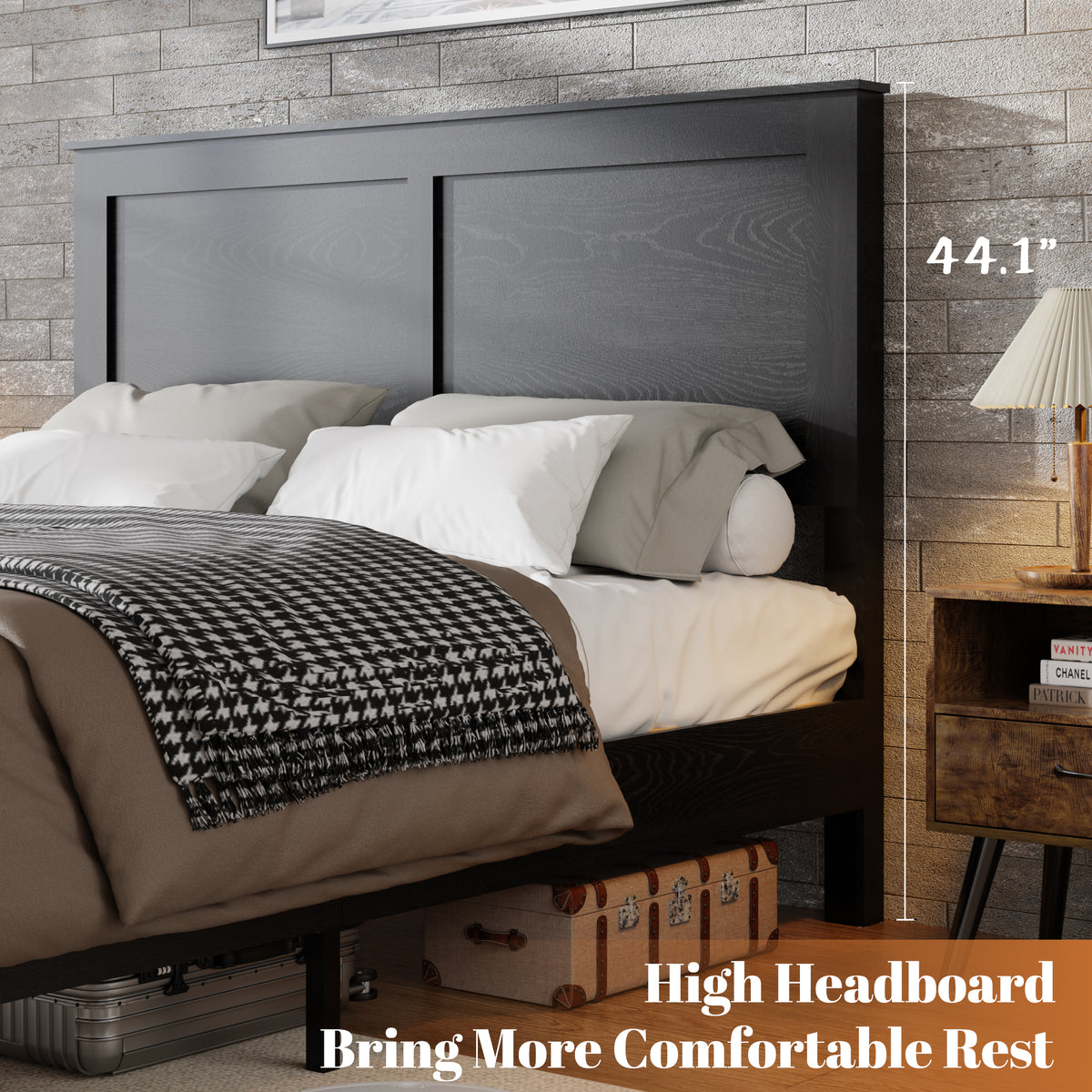 Design feature view of Platform Bed Frame No Box Spring Antique Black Wood Full Size