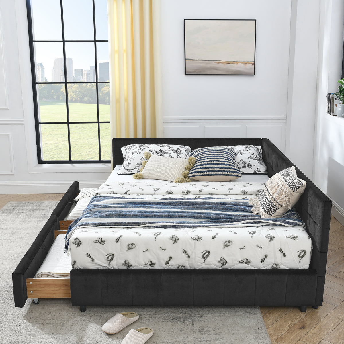 Additional view of Bed Frame Modern Storage Bed Black Velvet Queen Size Bedroom