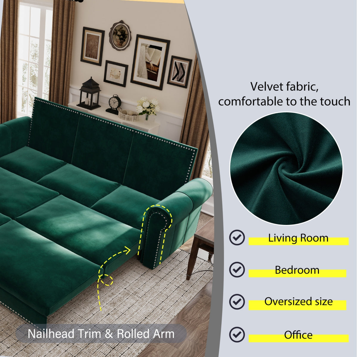 Additional product detail of Sofa Bed Pull-Out Sleeper Green Velvet