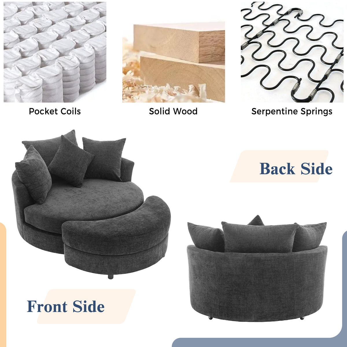 Construction and detail view of Swivel Lounge Chair 360° Swivel & Headrest Gray Chenille