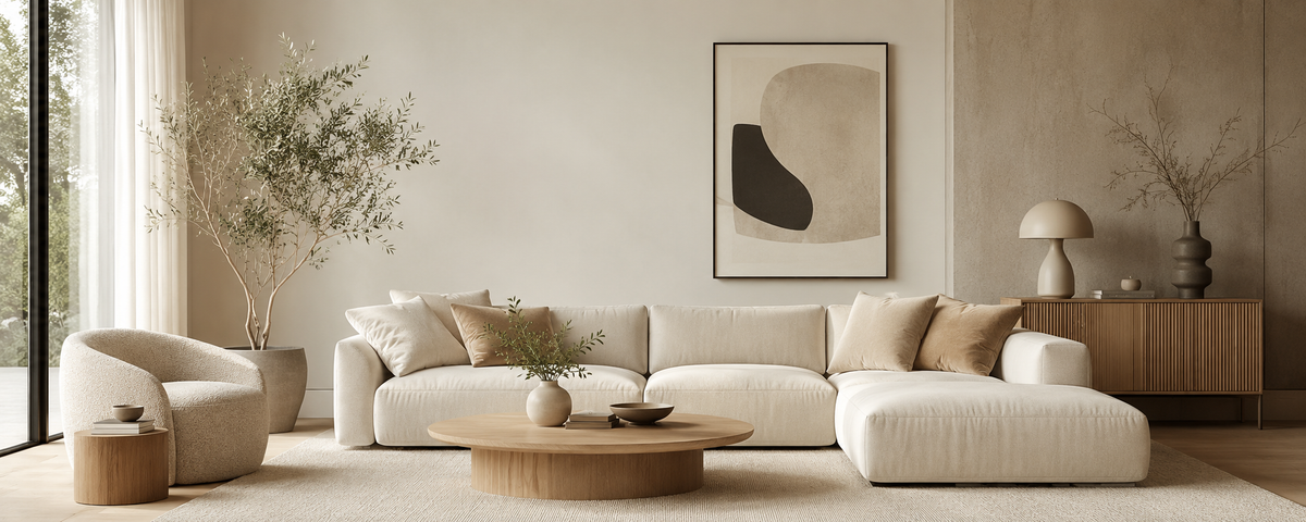 Modern living room with beige sectional sofa, armchair and wooden coffee table