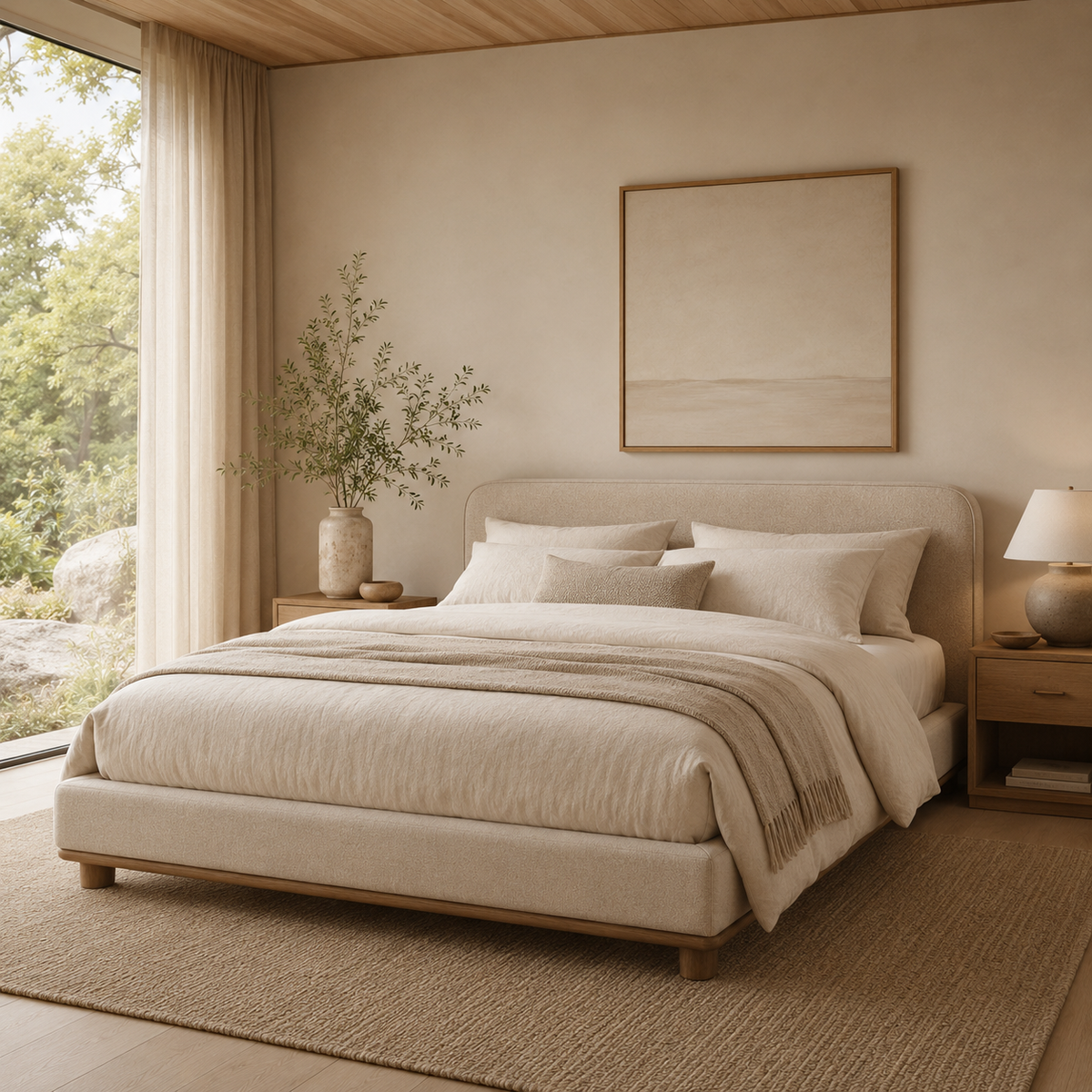 Modern upholstered bed with neutral bedding in a warm minimalist bedroom