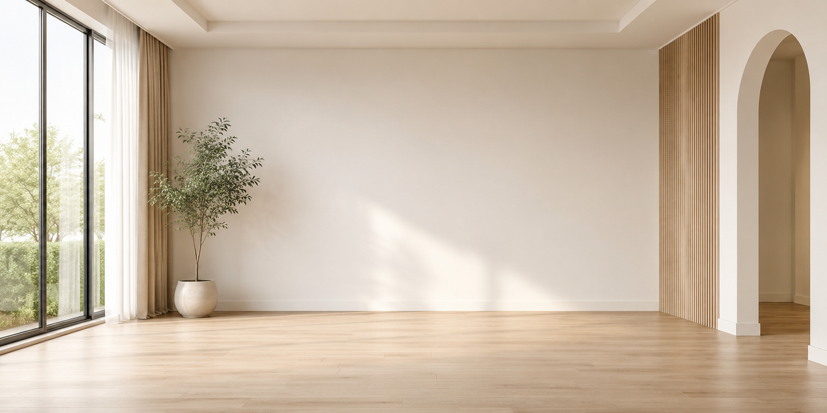 Empty modern living room before furniture styling