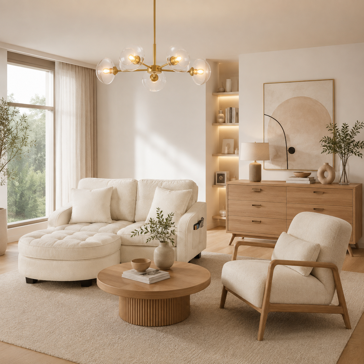 Modern neutral living room with cream chaise sofa, upholstered armchair, wooden coffee table and storage cabinet