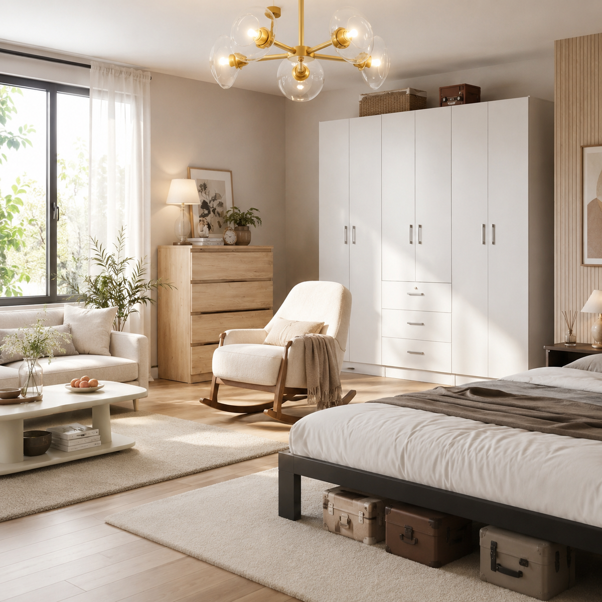 Modern bedroom with white wardrobe, upholstered rocking chair, sofa and bed in a warm neutral interior