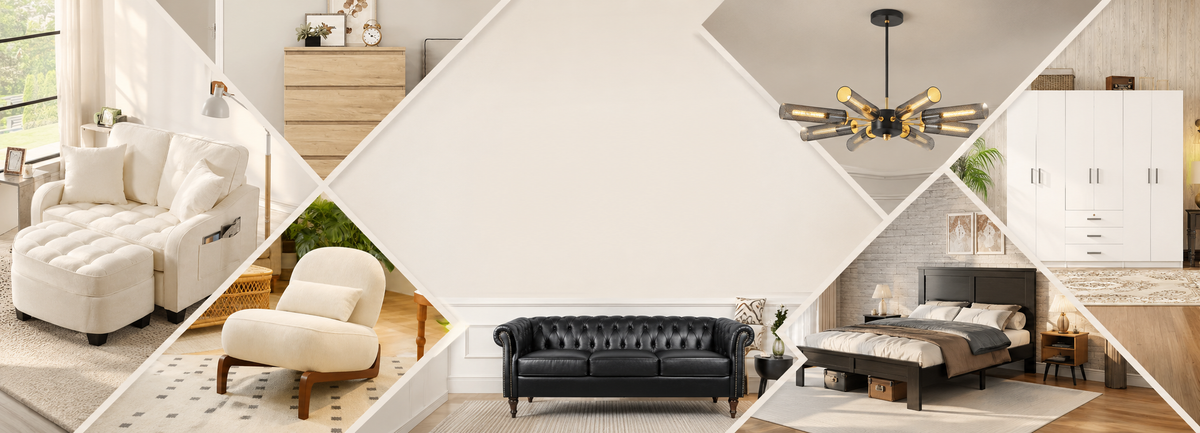 Furniture collection featuring chaise sofa, rocking chair, leather sofa, bed, wardrobe and modern chandelier