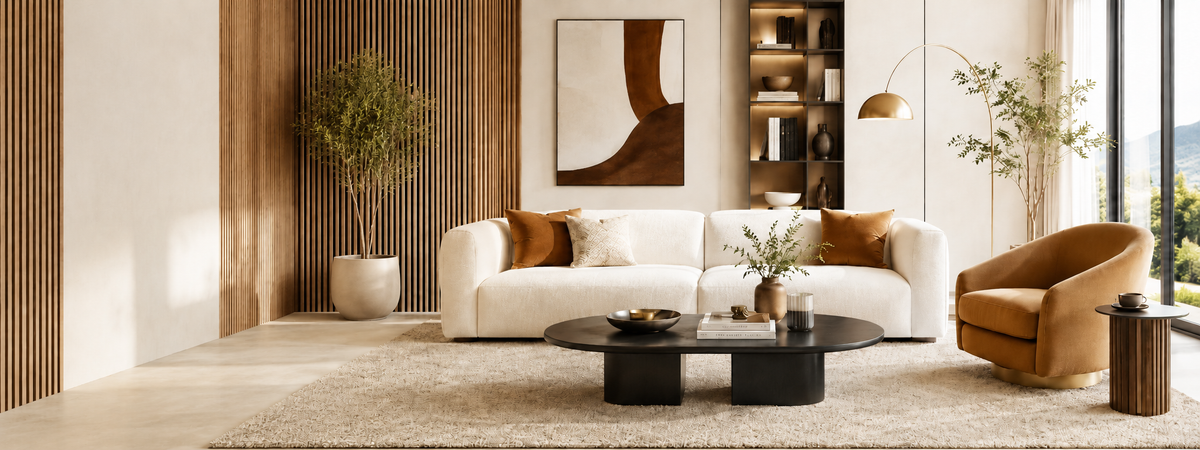 Modern living room with white sofa, tan accent chair and black coffee table