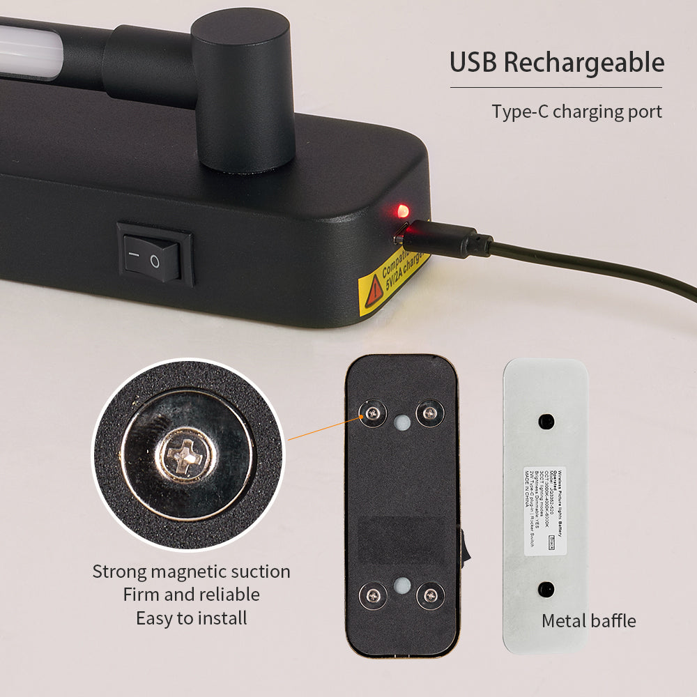 Construction and detail view of Picture Light Rechargeable Remote Control Black Iron