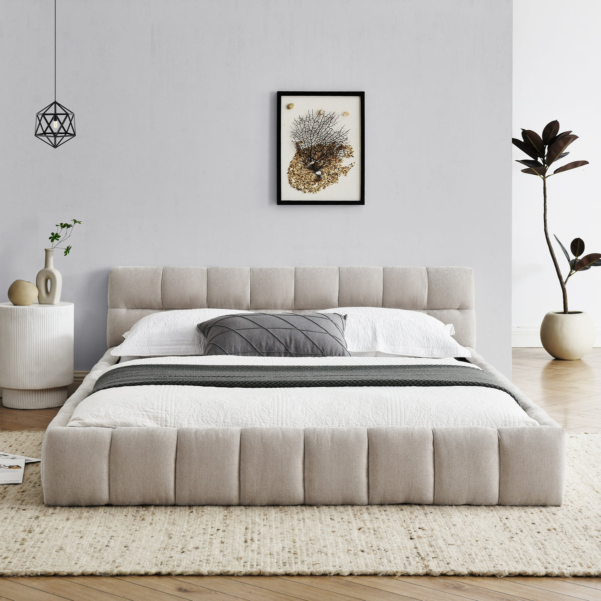 Design feature view of Bed Frame Modern Supportive Frame Beige Chenille Queen Size