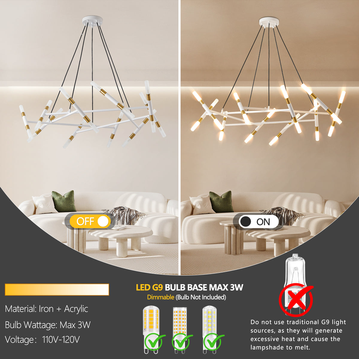 Design feature view of Chandelier Branch Frosted-Tube Design White & Gold Iron