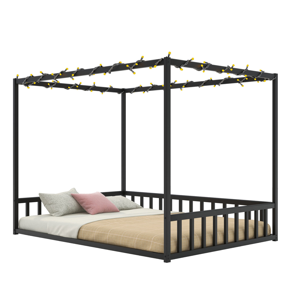 Close-up detail of Bed Frame Modern Guardrails Black Iron Full Size Bedroom