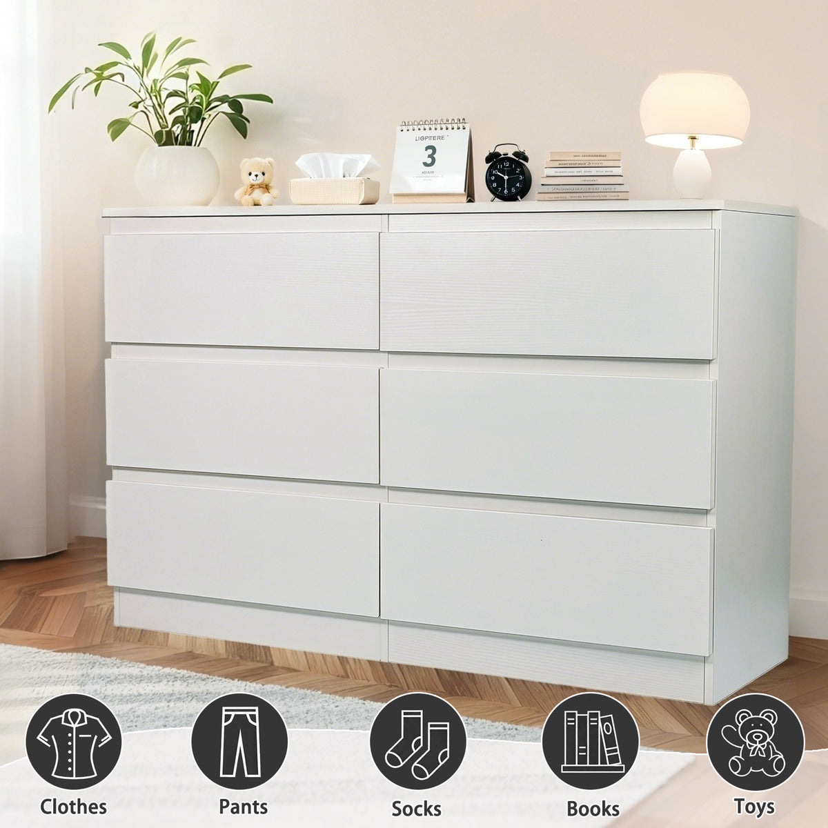 Close-up detail of Dresser 6-Drawer Storage White MDF
