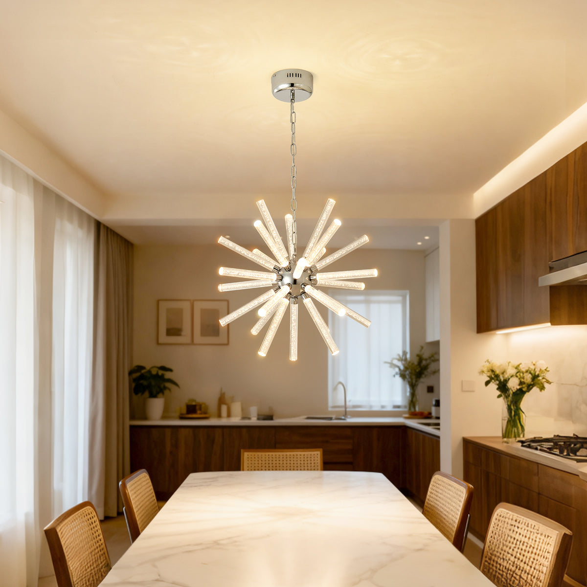 Chandelier Modern Bubble Pillar Design Nickel Metal in a modern home interior