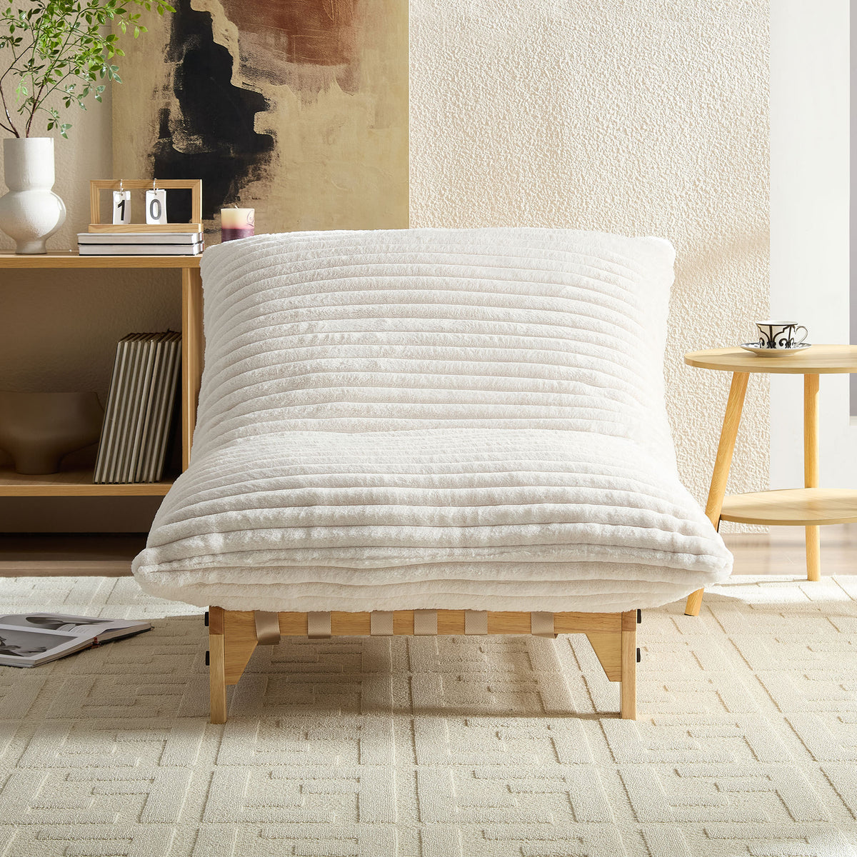 Chaise Lounge Armless Lounge Off White Corduroy in a modern living room