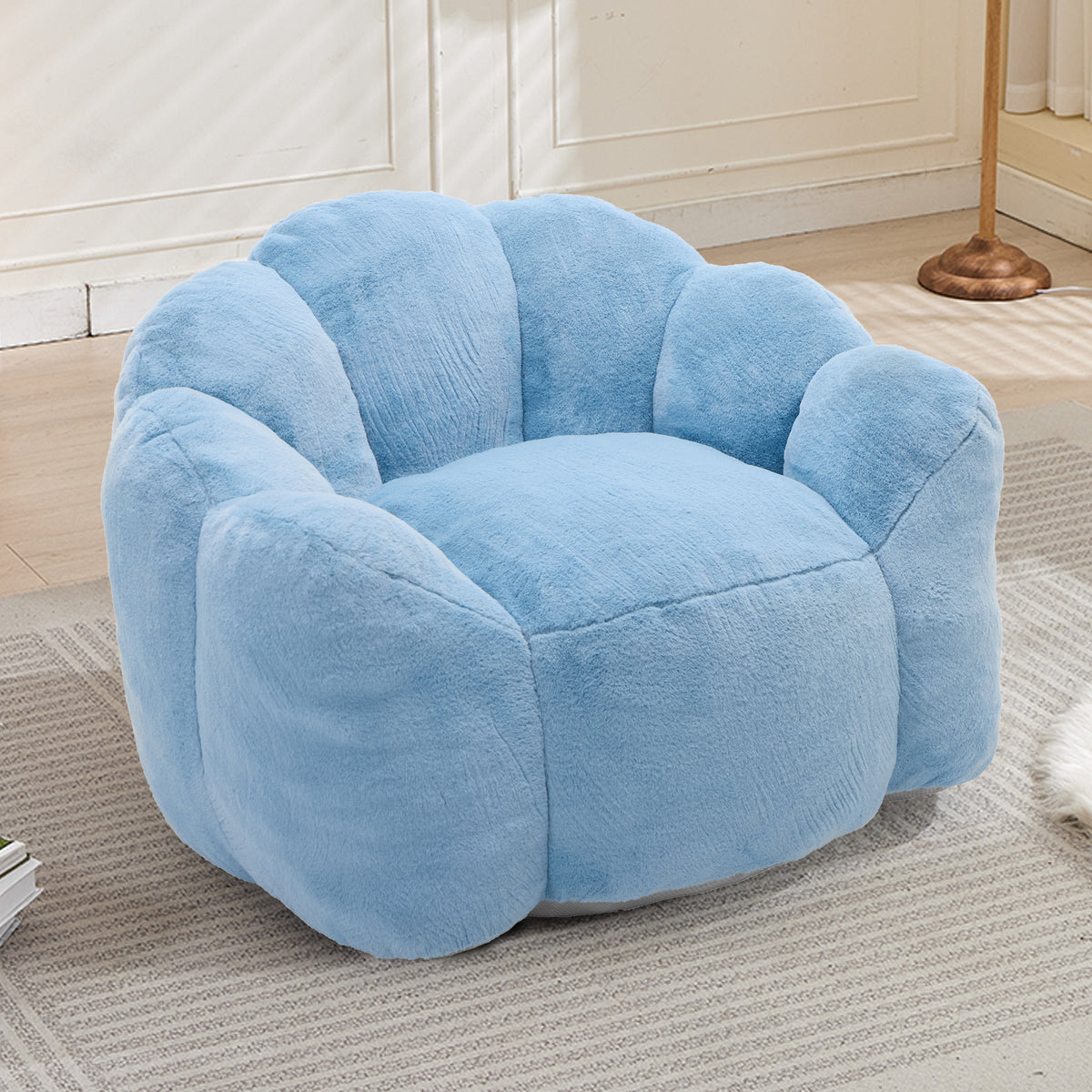 Bean Bag Chair Compressed Foam Blue Faux Fur in a modern living room
