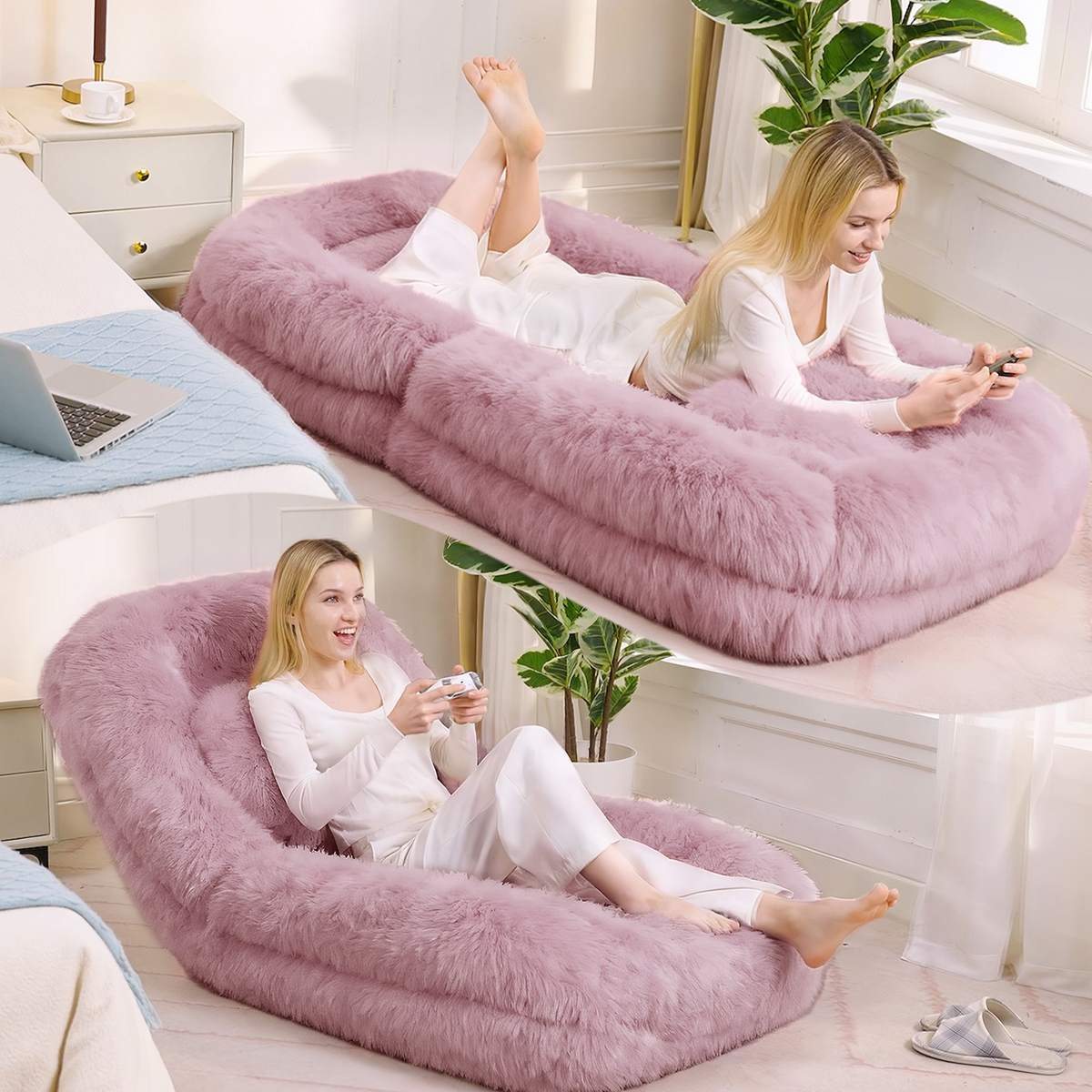 Floor Lounge Chair 5-Position Adjustable Pink Polyester in a modern living room