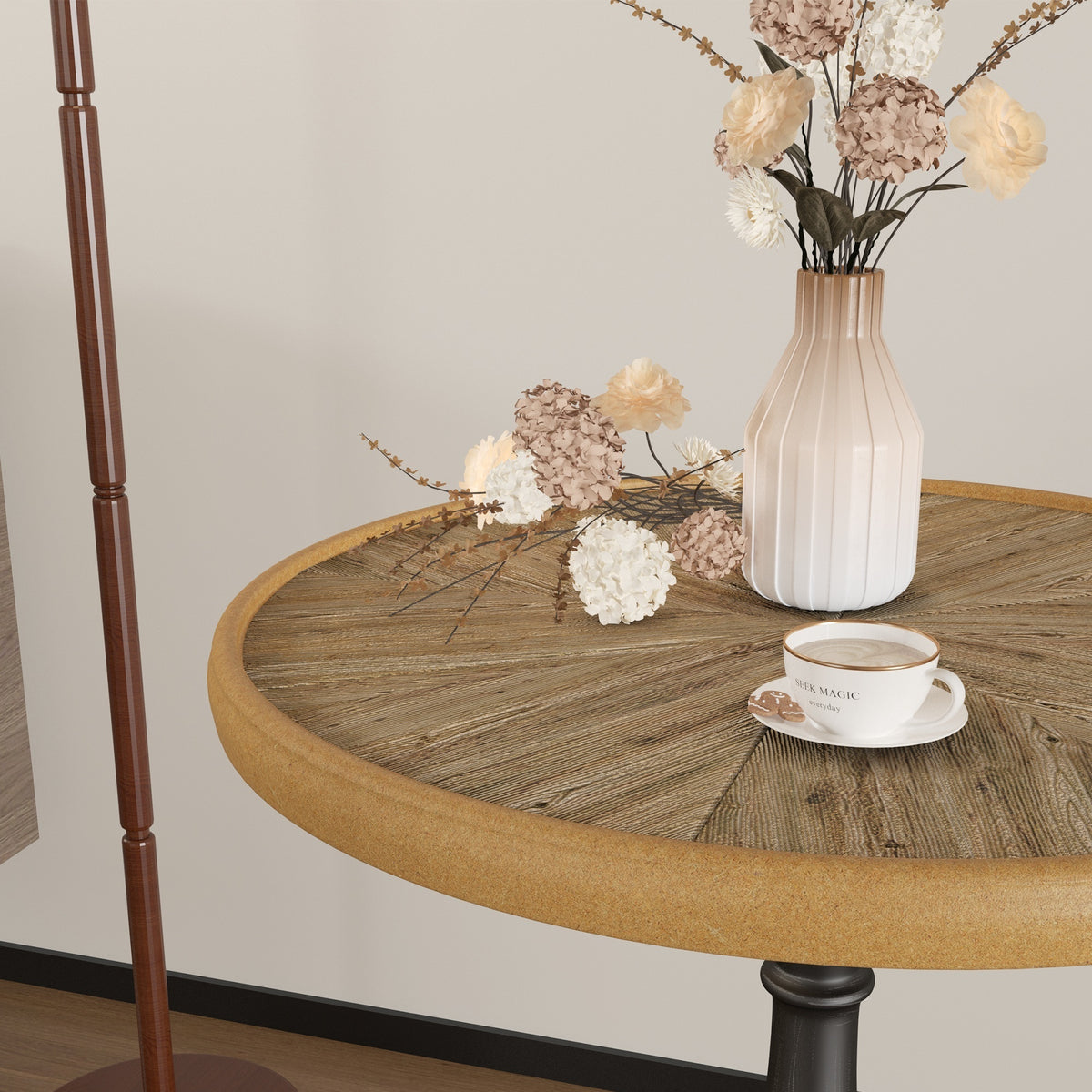 Construction and detail view of Coffee Table French Country Pedestal Base Natural Wood