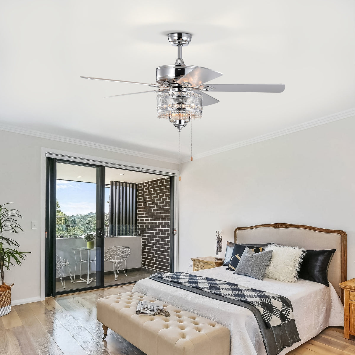 Ceiling Fan Light 2-in-1 Crystal Chandelier Chrome Metal & Crystal in a modern home interior