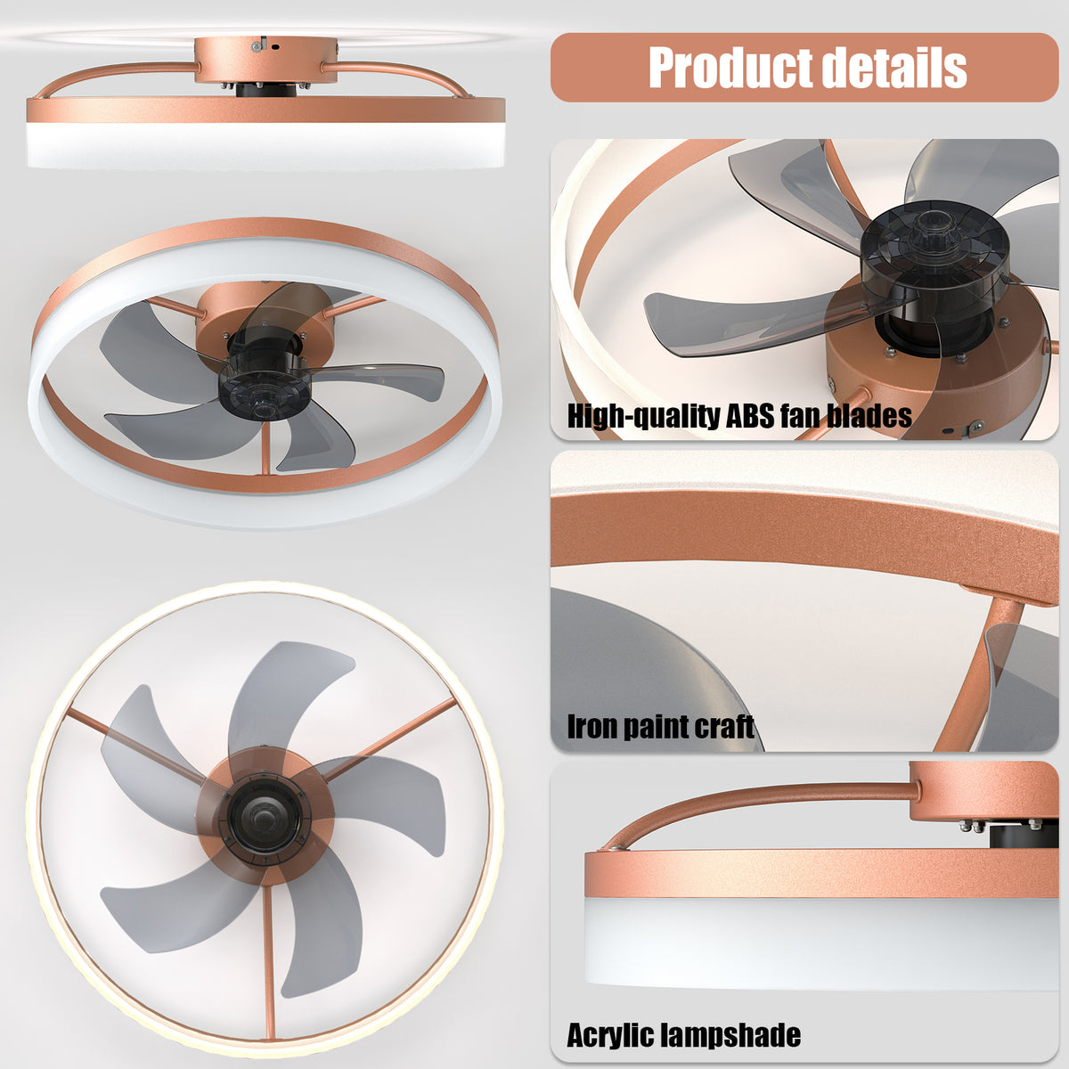 Additional product detail of Ceiling Fan Modern Dimmable LED Rose Gold ABS
