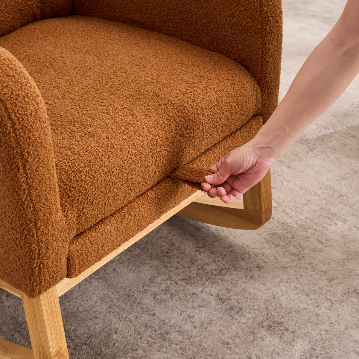 Construction and detail view of Rocking Chair High Back & Footrest Caramel Rubber Wood