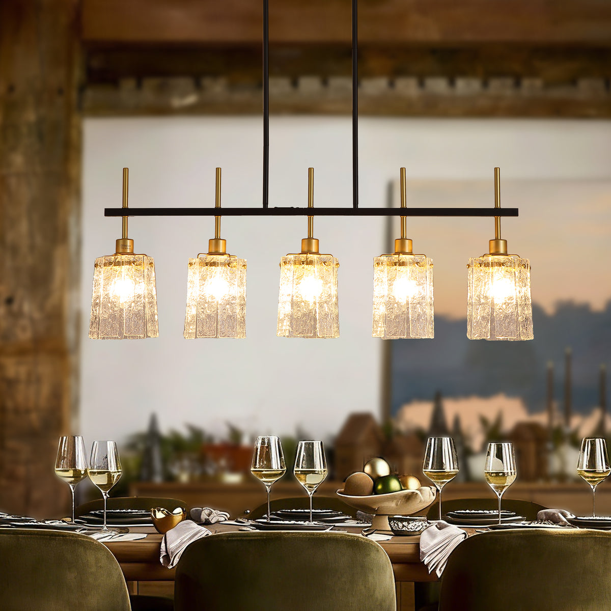Close-up detail of Chandelier Farmhouse 5-Light Fixture Black & Gold Glass & Metal