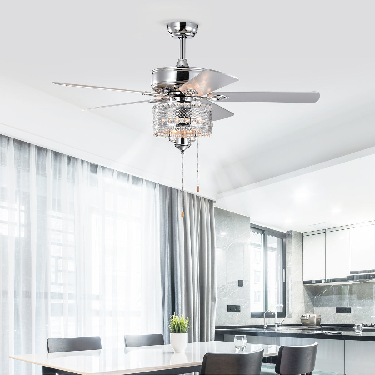 Close-up detail of Ceiling Fan Light 2-in-1 Crystal Chandelier Chrome Metal & Crystal