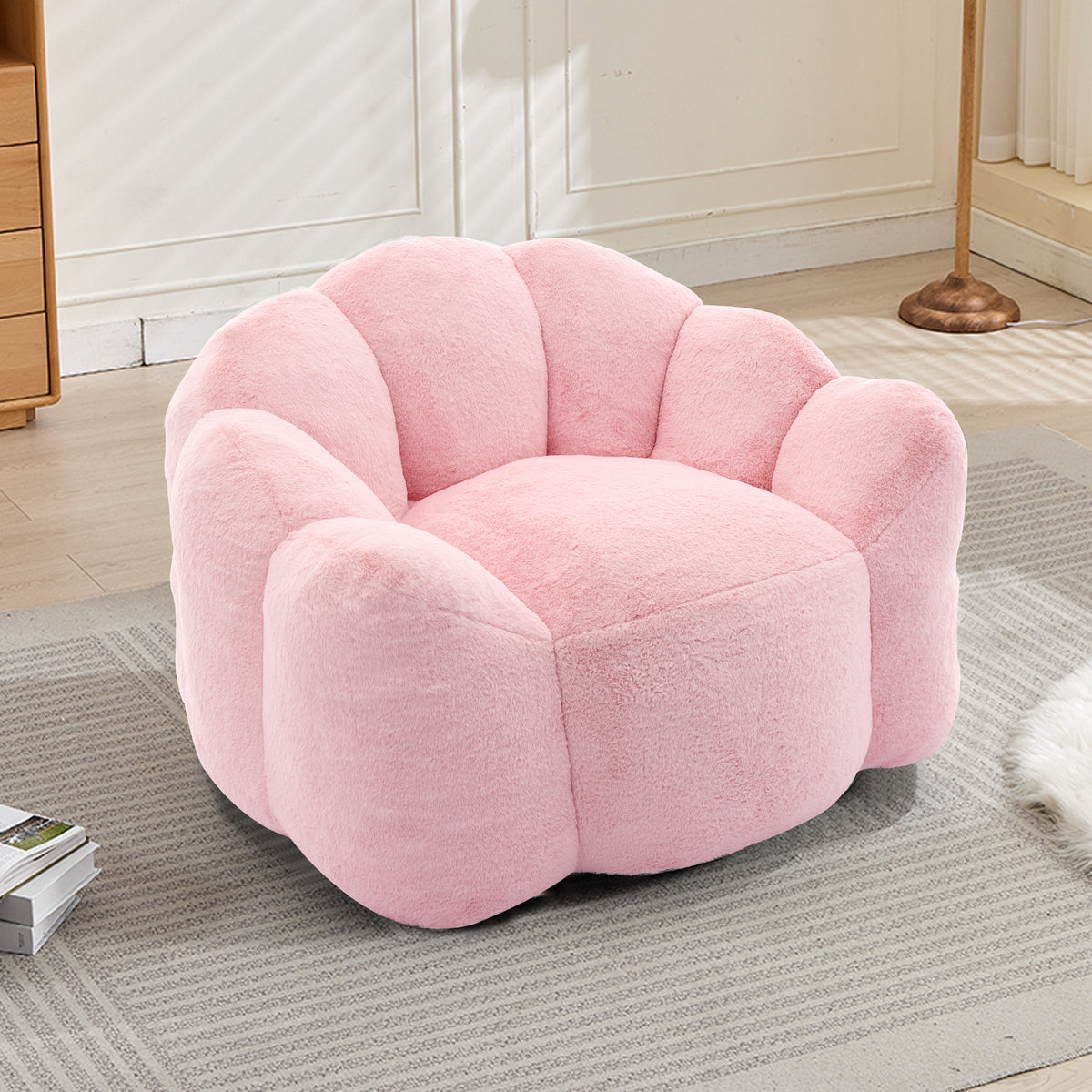 Bean Bag Chair Compressed Foam Pink Faux Fur in a modern living room
