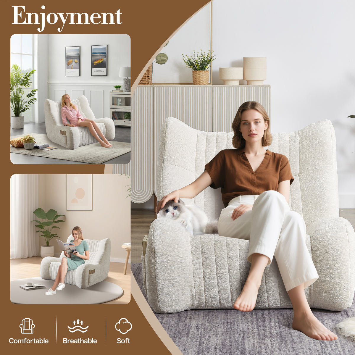 Design feature view of Bean Bag Chair Cushioned Seating White Chenille