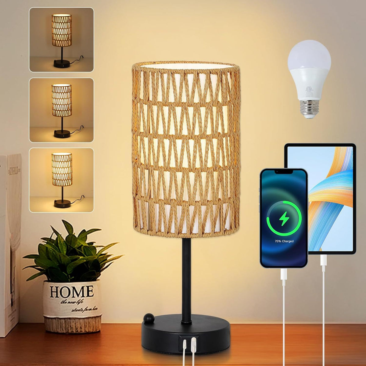 Table Lamp Boho Touch Control Brown Rattan & Linen in a modern home interior