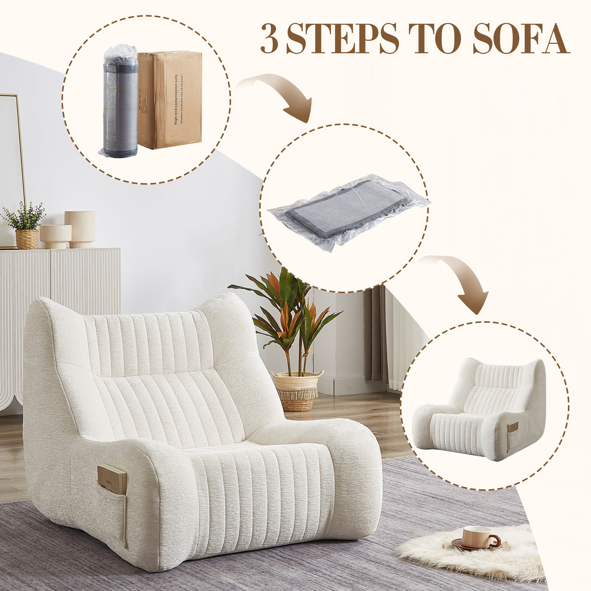 Additional view of Bean Bag Chair Cushioned Seating White Chenille