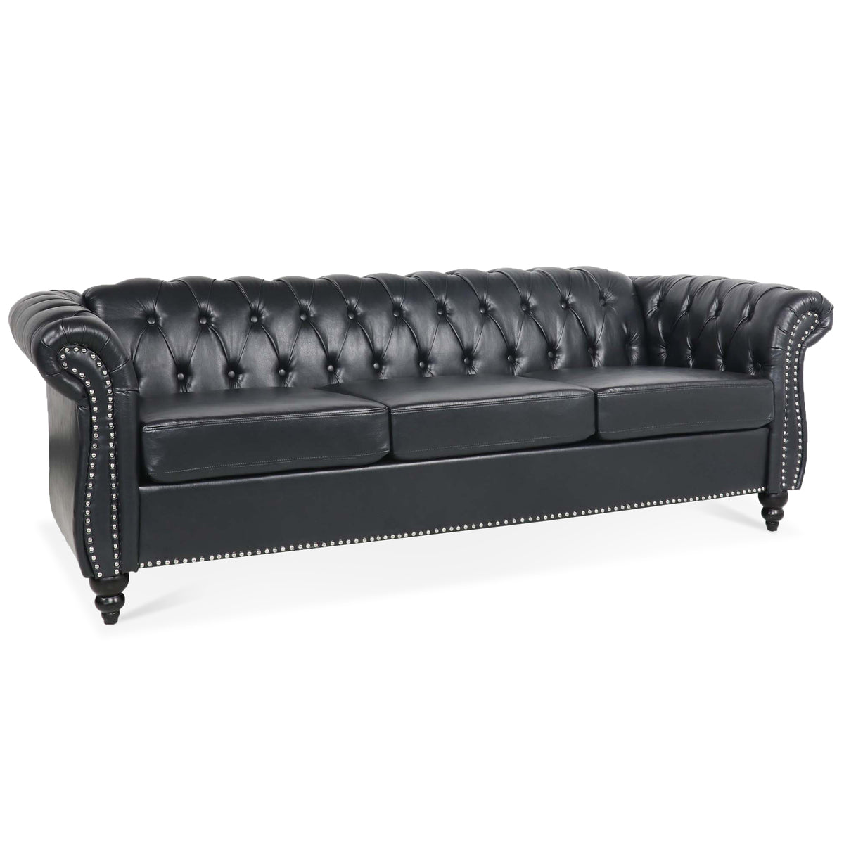 Alternate angle of Sofa Chesterfield Cushioned Seating Black PU Leather 3-Seater